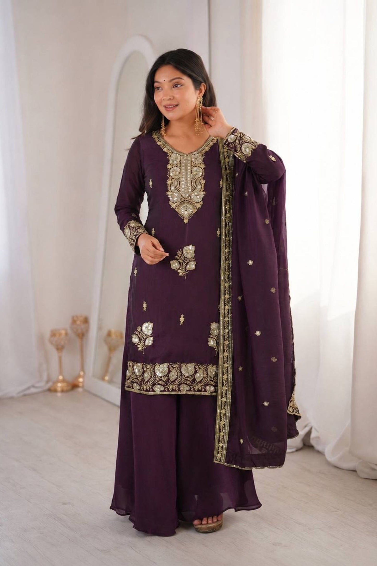 Stunning Wine Heavy Fandy Silk Salwar Suit Set Embroidery Sequin Work Dupatta