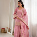 Beautiful Pink Glass Roman Silk Suit Set Embroidery Sequin and Zari Work