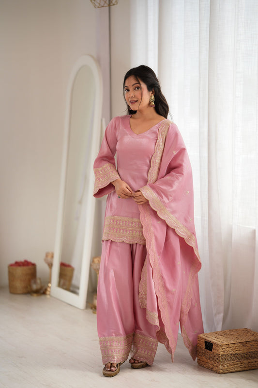 Beautiful Pink Glass Roman Silk Suit Set Embroidery Sequin and Zari Work