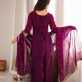 Stunning Wine Purple Glass Roman Silk Embroidered Suit Set Sequin Zari Work