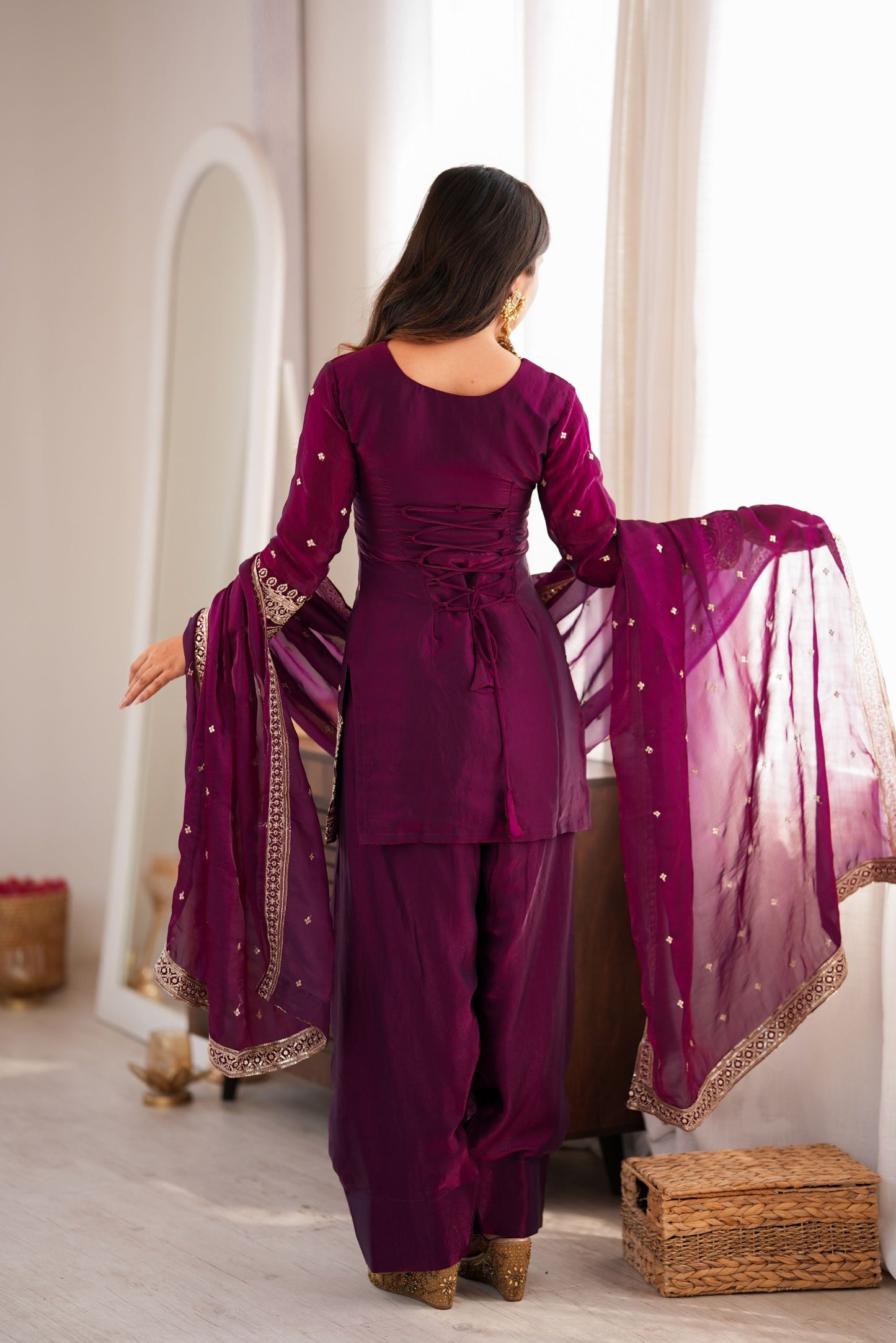 Stunning Wine Purple Glass Roman Silk Embroidered Suit Set Sequin Zari Work