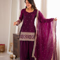 Stunning Wine Purple Glass Roman Silk Embroidered Suit Set Sequin Zari Work