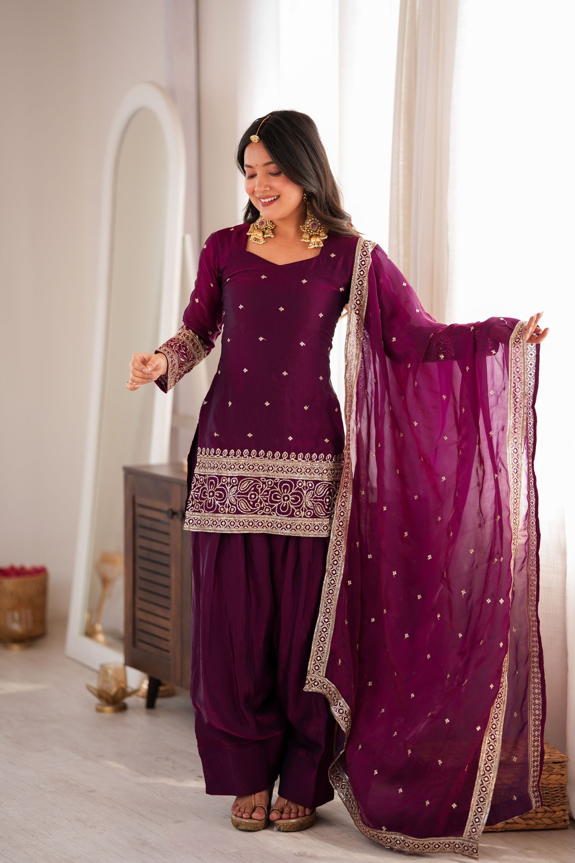 Stunning Wine Purple Glass Roman Silk Embroidered Suit Set Sequin Zari Work