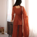 Elegant Rust Orange Crunchy Silk Embroidered Suit Set Sequin Zari Work