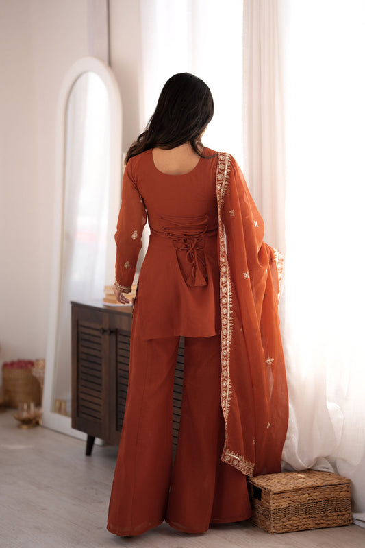 Elegant Rust Orange Crunchy Silk Embroidered Suit Set Sequin Zari Work