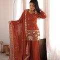 Elegant Rust Orange Crunchy Silk Embroidered Suit Set