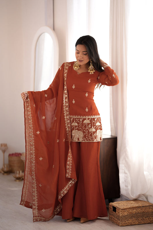 Elegant Rust Orange Crunchy Silk Embroidered Suit Set
