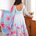 Stunning Ice Blue Micro Cotton Printed Anarkali Suit Set Matching Dupatta for Women