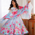 Stunning Ice Blue Micro Cotton Printed Anarkali Suit Set Matching Dupatta for Women