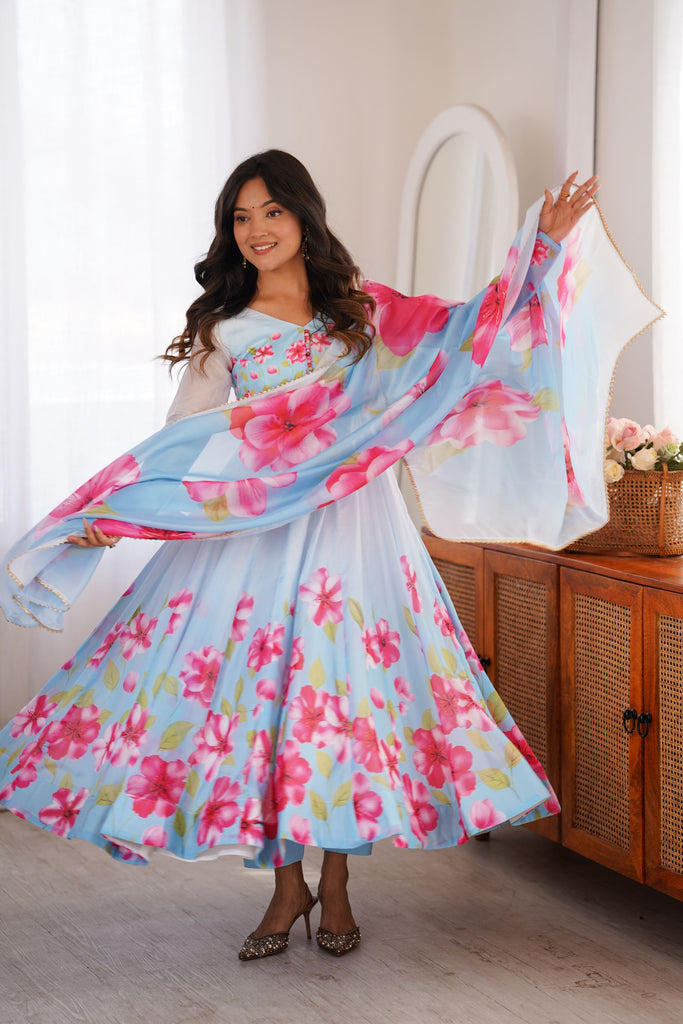 Stunning Ice Blue Micro Cotton Printed Anarkali Suit Set Matching Dupatta for Women