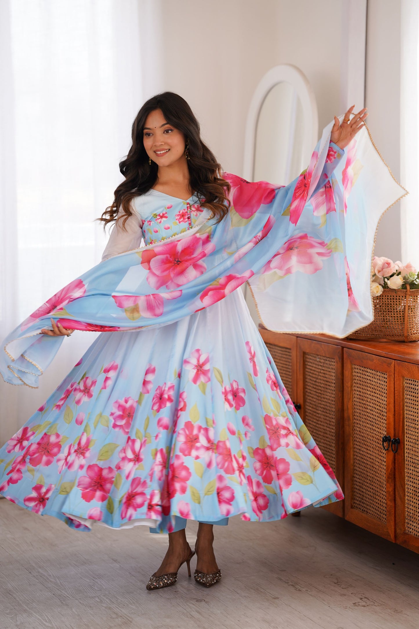 Stunning Ice Blue Micro Cotton Printed Anarkali Suit Set Matching Dupatta for Women