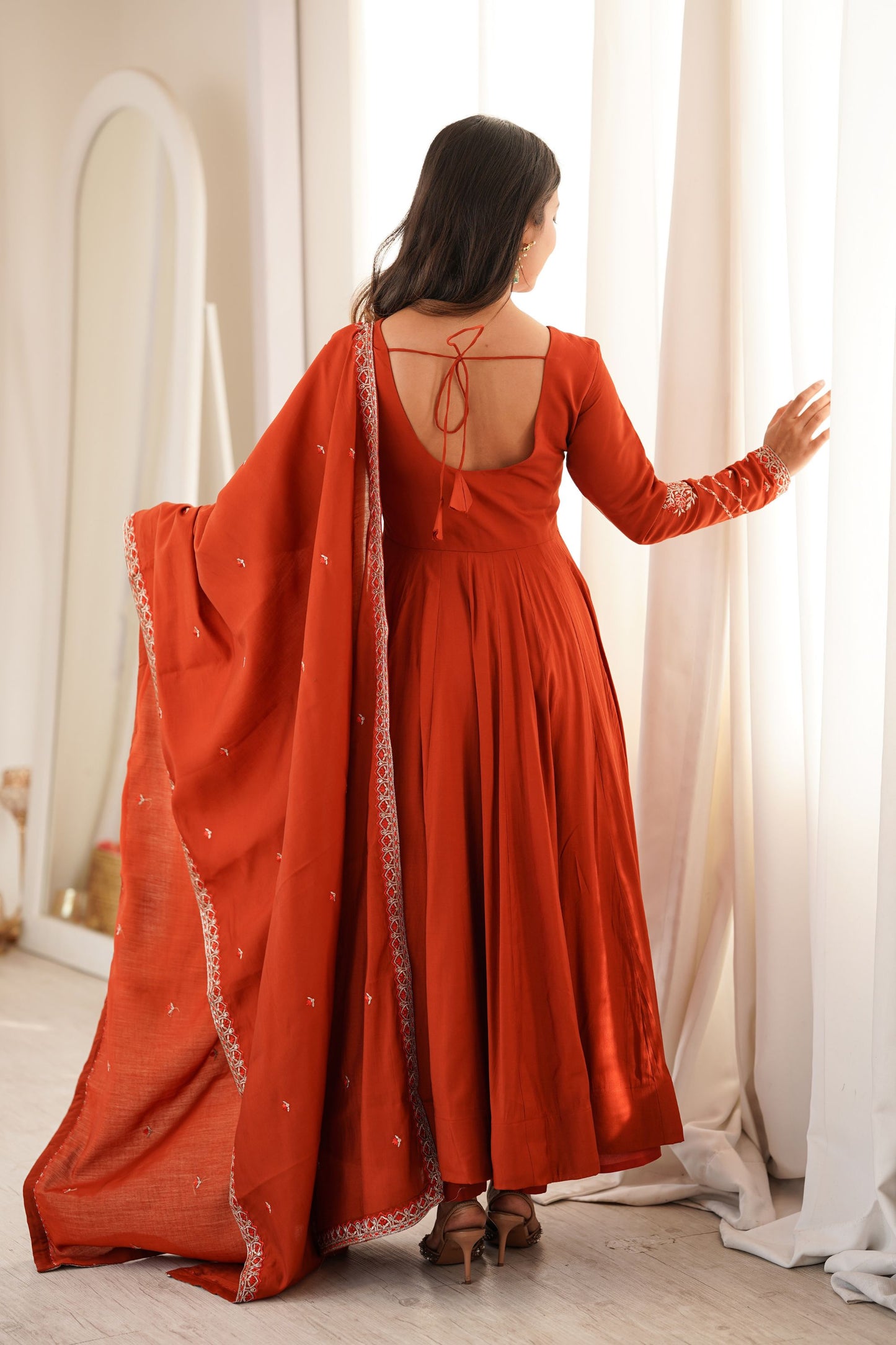 Graceful Rust Orange Roman Chanderi Silk Anarkali Thread Work Fancy Work Dupatta