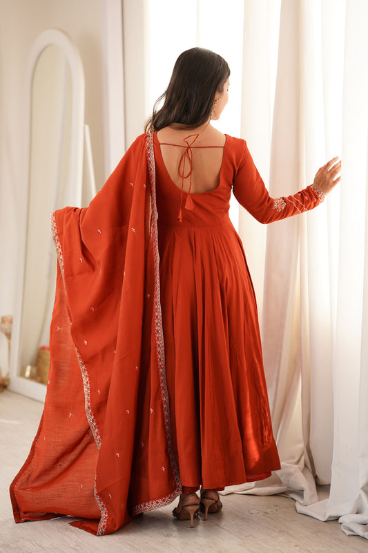 Graceful Rust Orange Roman Chanderi Silk Anarkali Thread Work Fancy Work Dupatta