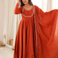 Graceful Rust Orange Roman Chanderi Silk Anarkali Thread Work Fancy Work Dupatta