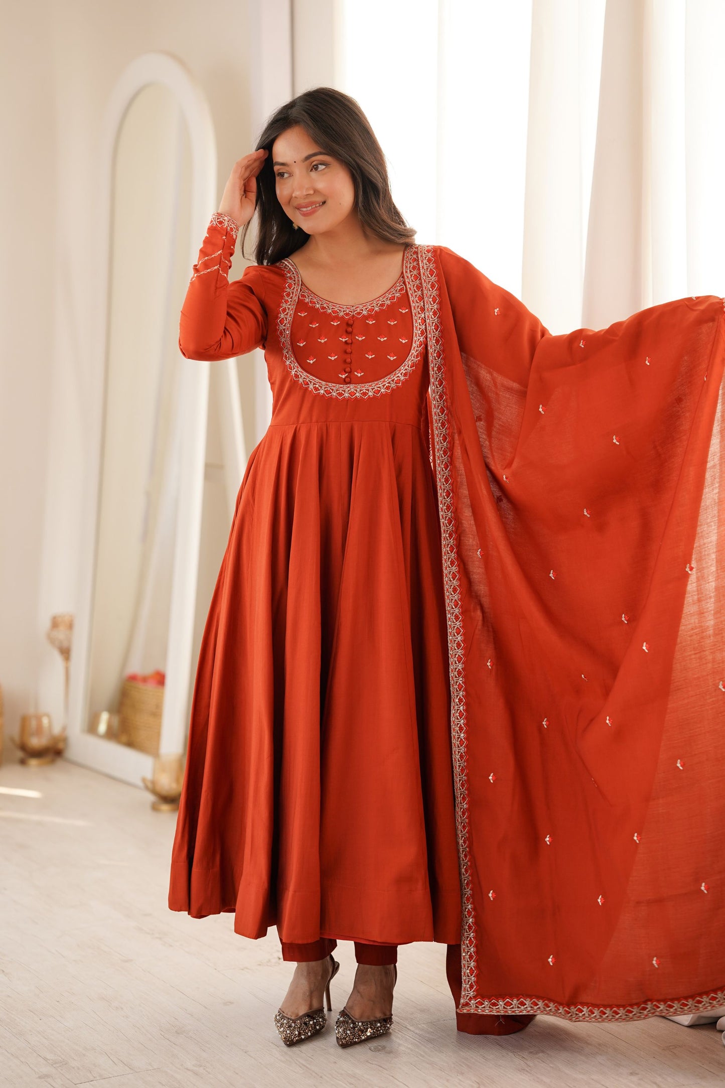 Graceful Rust Orange Roman Chanderi Silk Anarkali Thread Work Fancy Work Dupatta