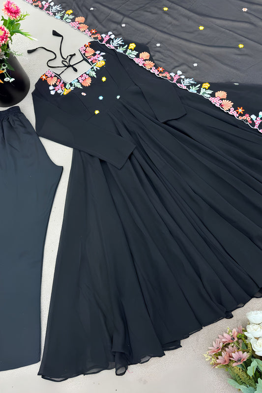 Stunning Black Heavy Faux Georgette Anarkali Suit Embroidery Work for Women