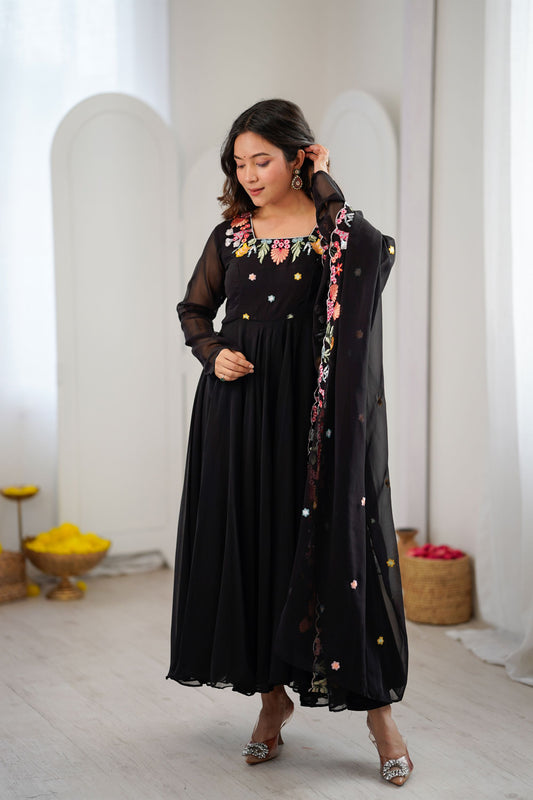 Stunning Black Heavy Faux Georgette Anarkali Suit Embroidery Work for Women