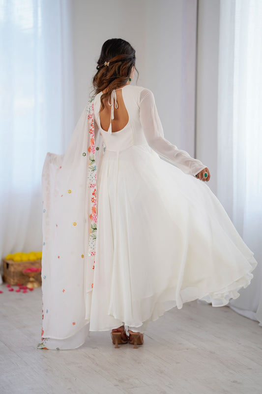 Stylish White Faux Georgette Anarkali Suit Floral Embroidery Work