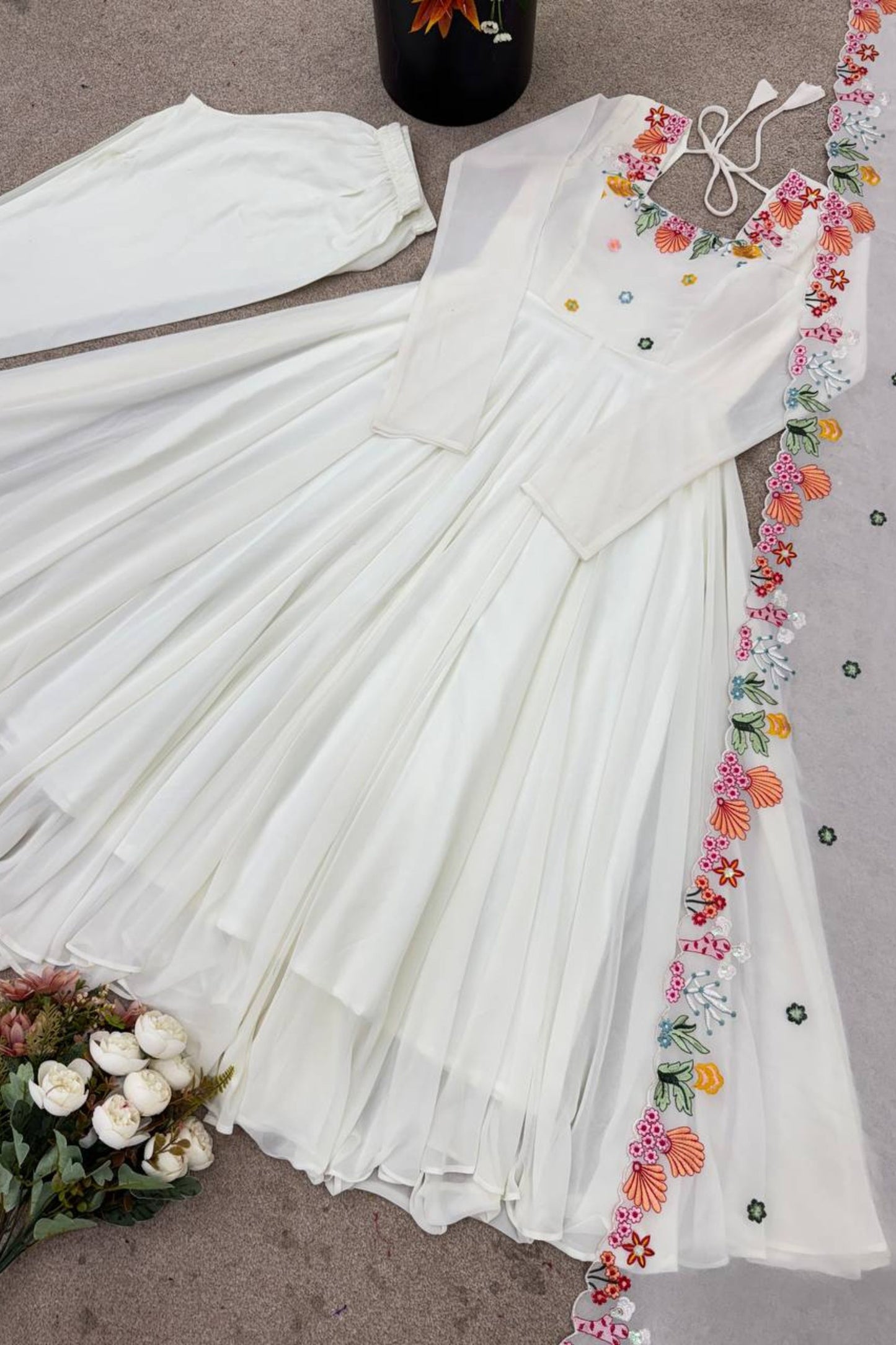 Stylish White Faux Georgette Anarkali Suit Floral Embroidery Work
