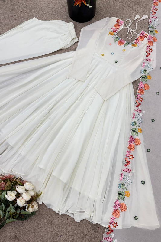 Stylish White Faux Georgette Anarkali Suit Floral Embroidery Work