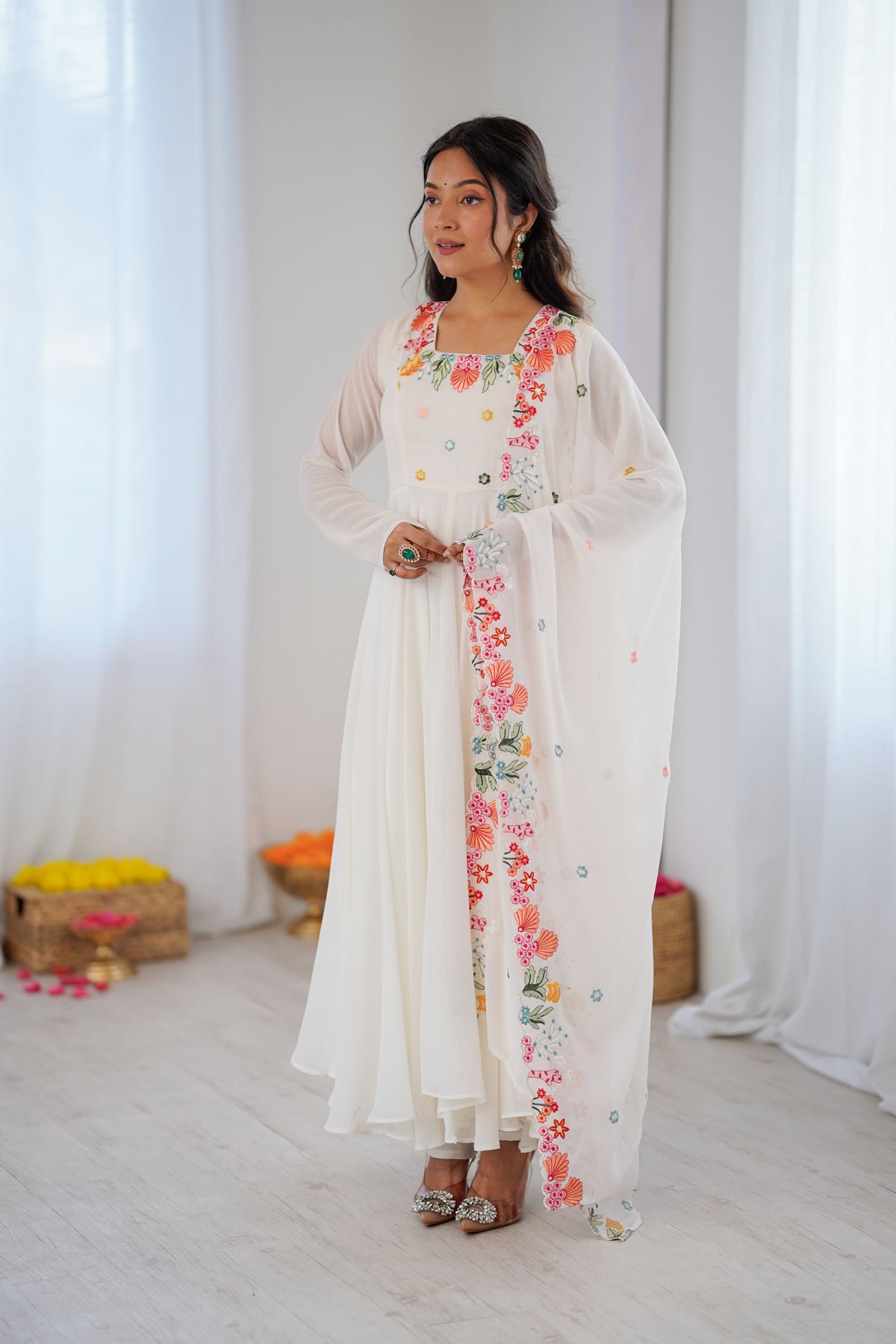 Stylish White Faux Georgette Anarkali Suit Floral Embroidery Work