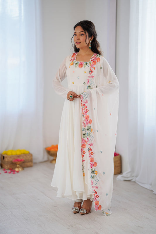 Stylish White Faux Georgette Anarkali Suit Floral Embroidery Work