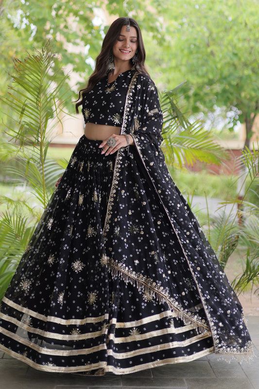 Stunning Black Bandhani Printed Designer Lehenga Choli Set with Gota Lace Work Dupatta
