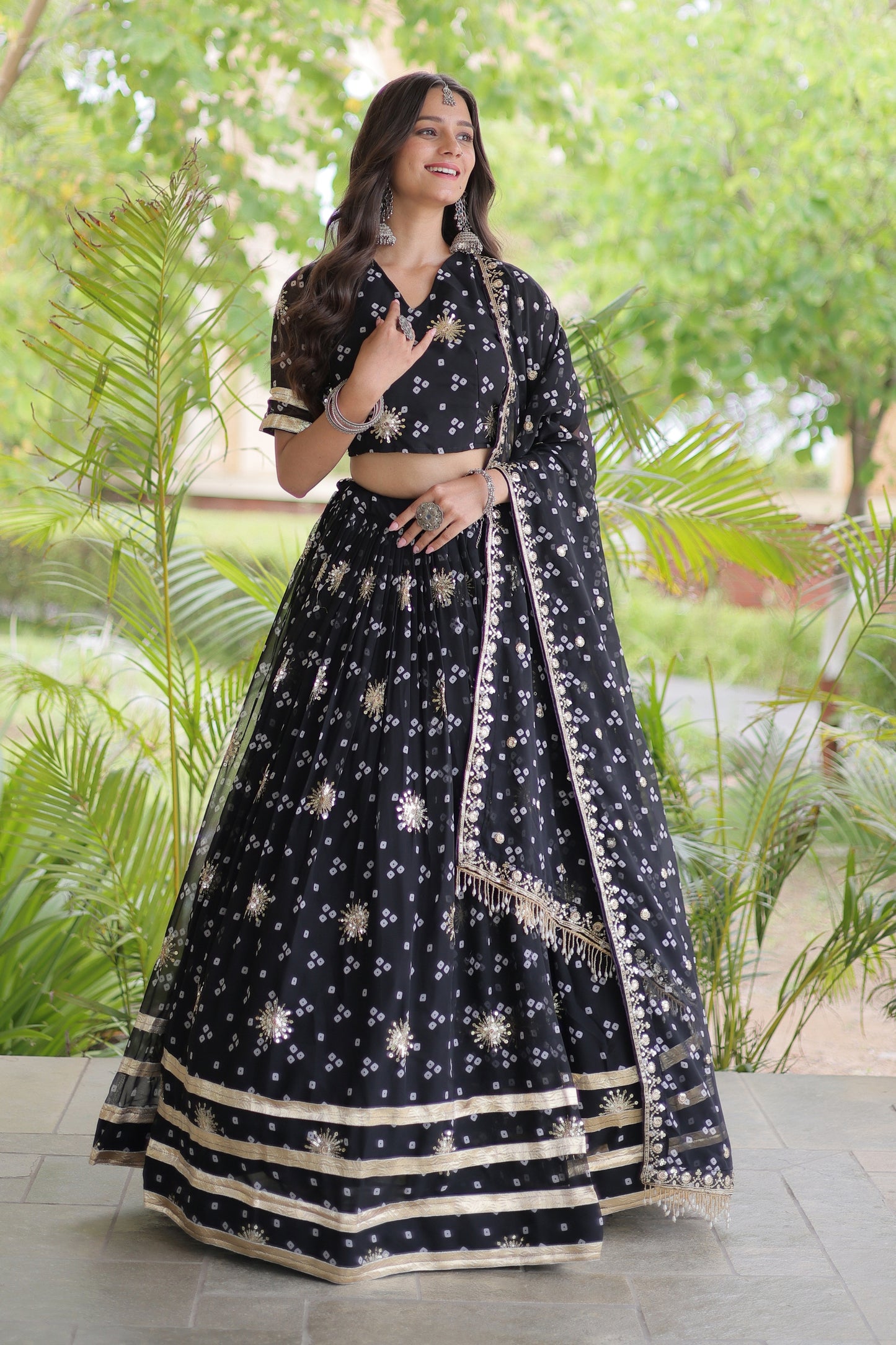 Stunning Black Bandhani Printed Designer Lehenga Choli Set with Gota Lace Work Dupatta