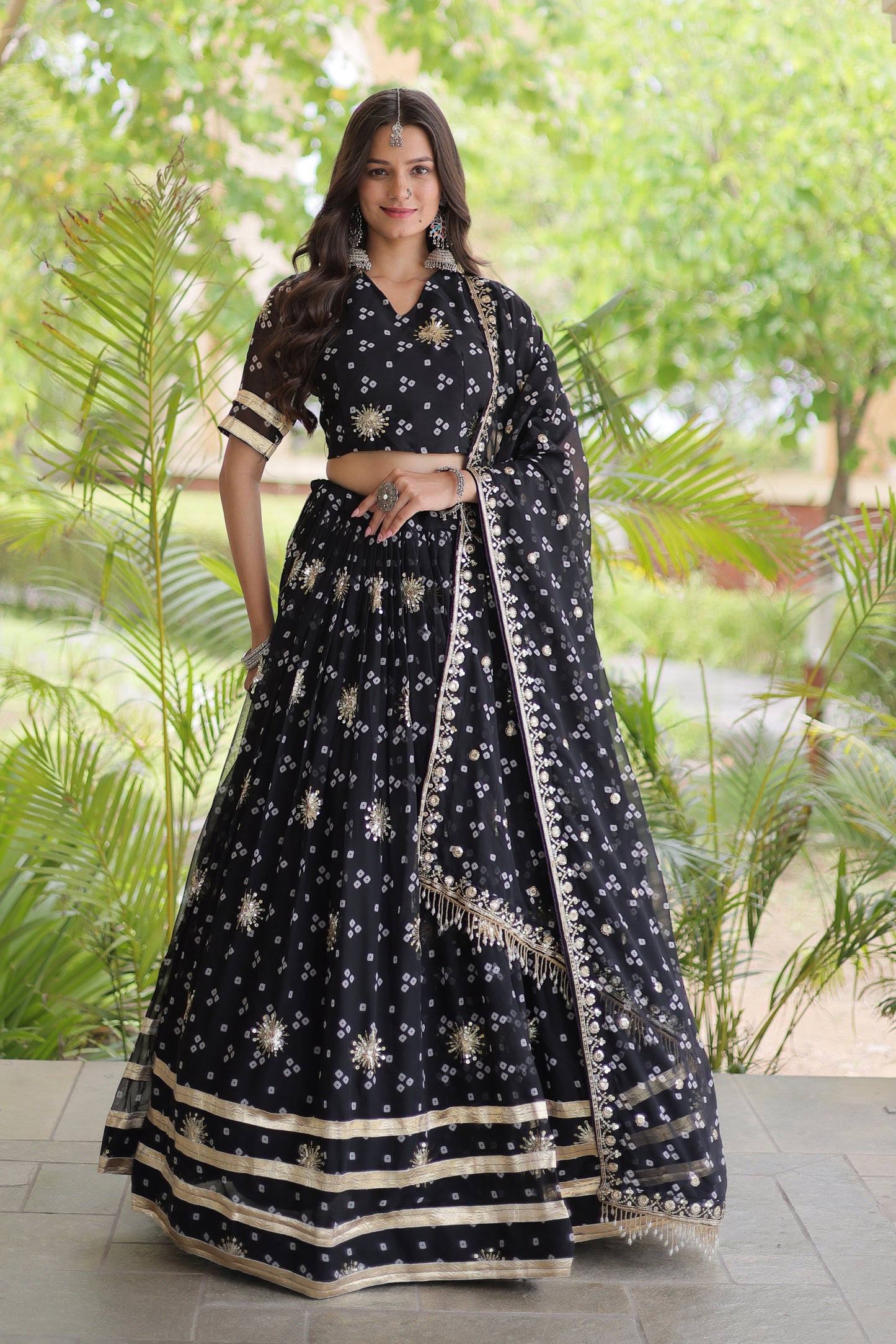 Stunning Black Bandhani Printed Designer Lehenga Choli Set with Gota Lace Work Dupatta