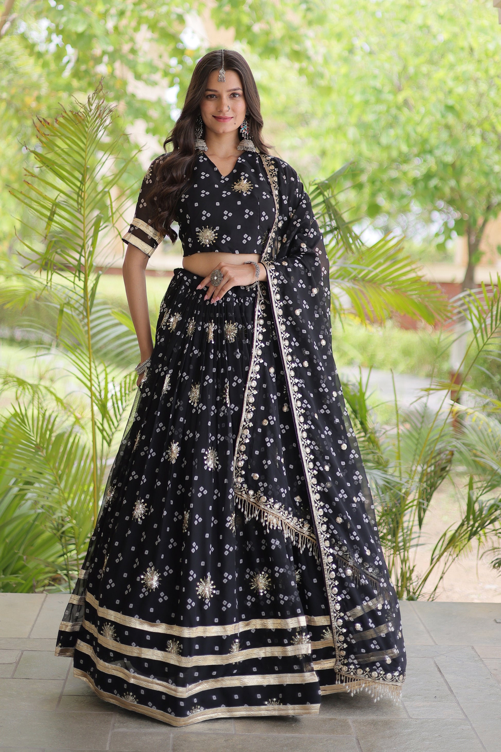 Stunning Black Bandhani Printed Designer Lehenga Choli Set with Gota Lace Work Dupatta
