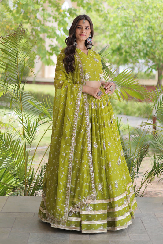 Gorgeous Green Bandhani Printed Designer Lehenga Choli Set with Gota Lace Work Dupatta