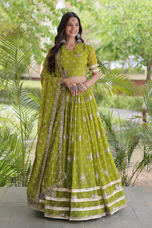Gorgeous Green Bandhani Printed Designer Lehenga Choli Set with Gota Lace Work Dupatta