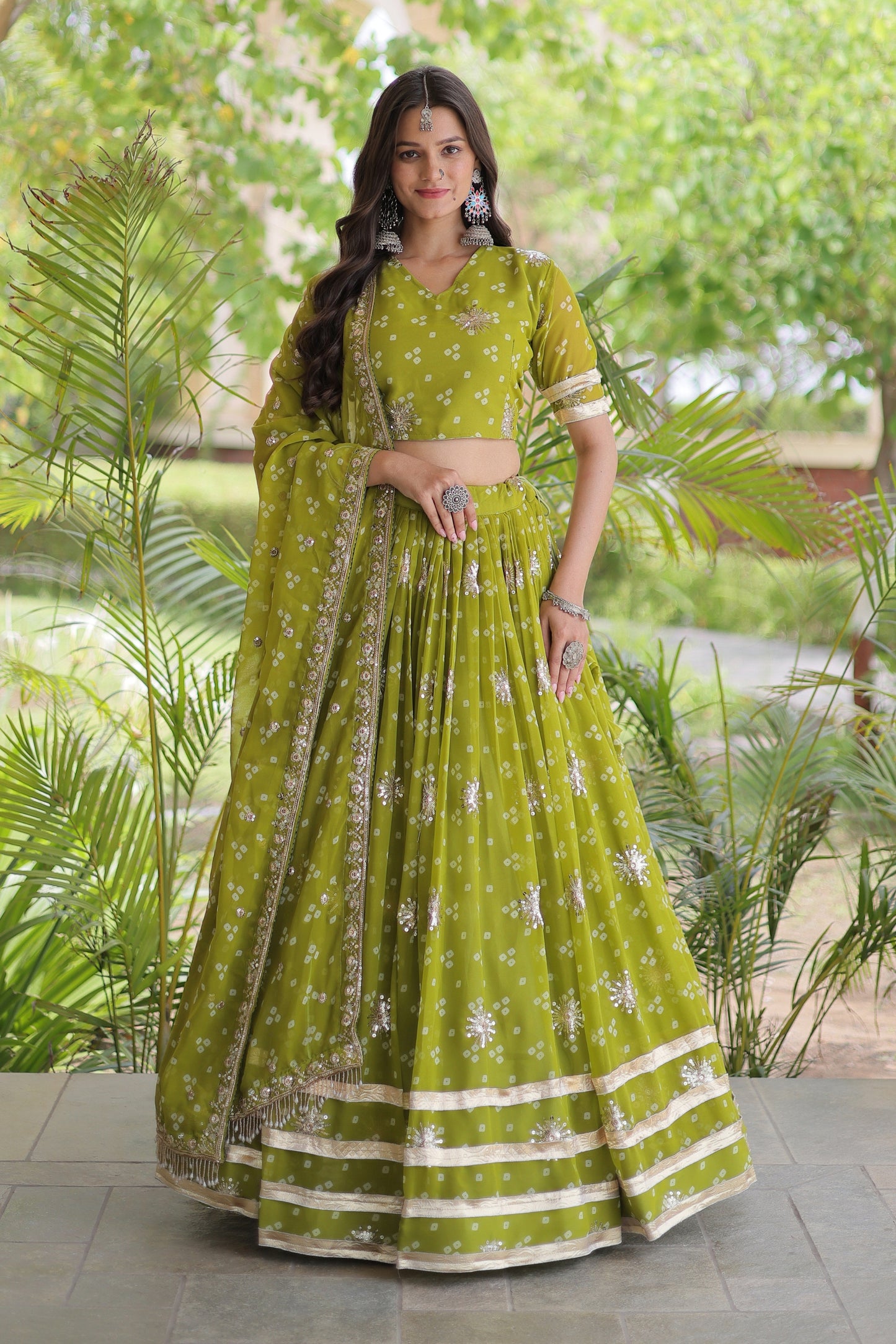 Gorgeous Green Bandhani Printed Designer Lehenga Choli Set with Gota Lace Work Dupatta