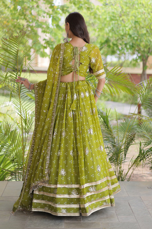 Gorgeous Green Bandhani Printed Designer Lehenga Choli Set with Gota Lace Work Dupatta