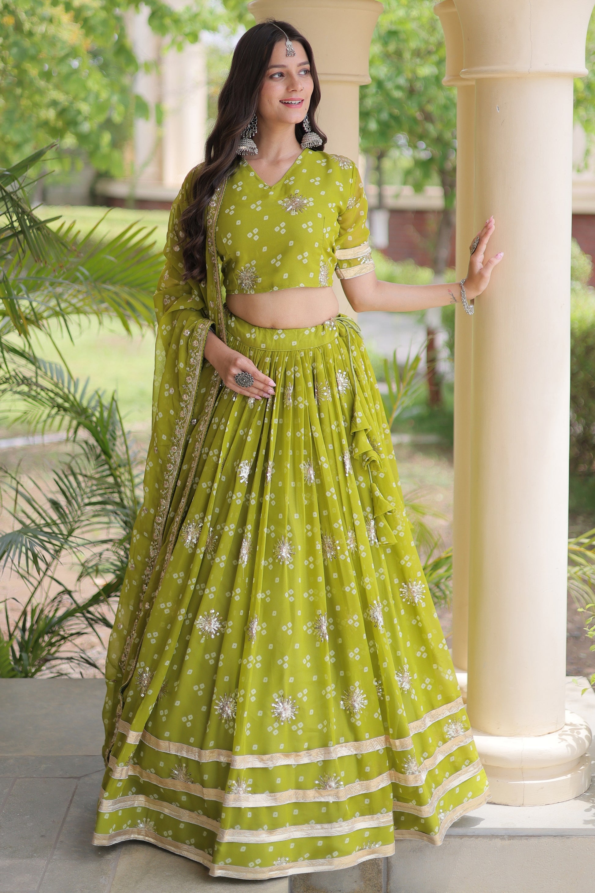 Gorgeous Green Bandhani Printed Designer Lehenga Choli Set with Gota Lace Work Dupatta
