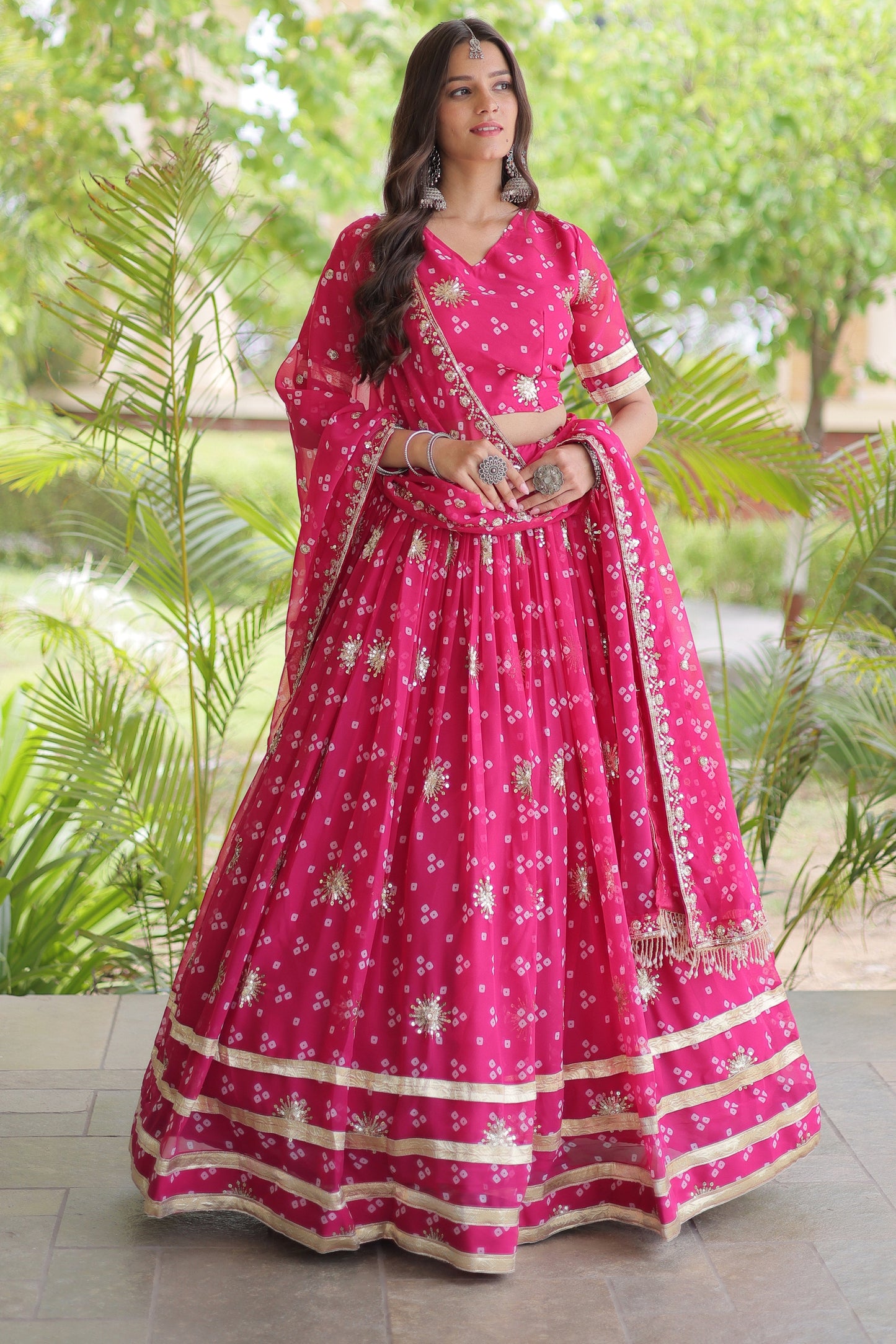 Lovely Rani Pink Bandhani Printed Designer Lehenga Choli Set with Gota Lace Work Dupatta