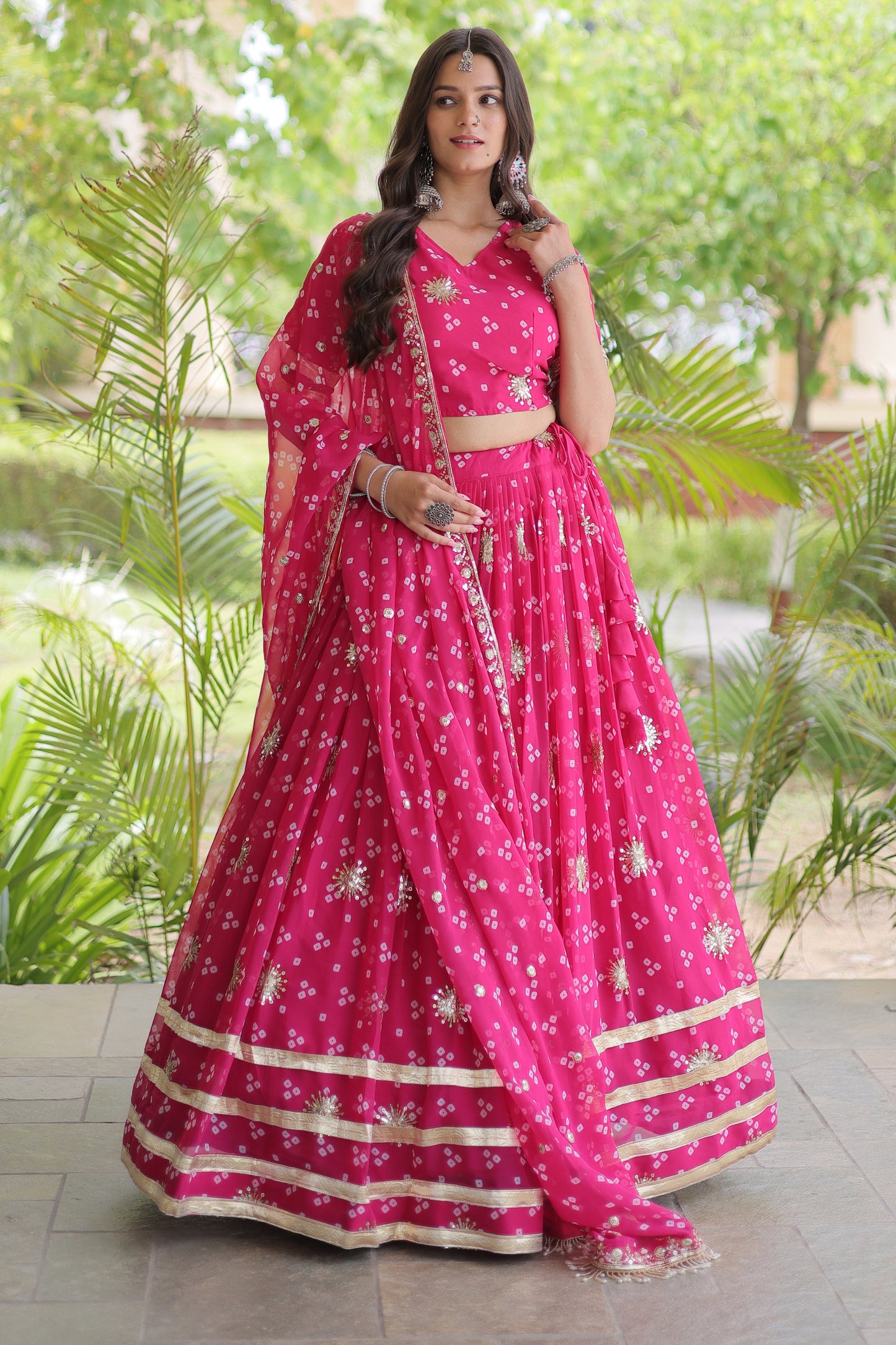 Lovely Rani Pink Bandhani Printed Designer Lehenga Choli Set with Gota Lace Work Dupatta