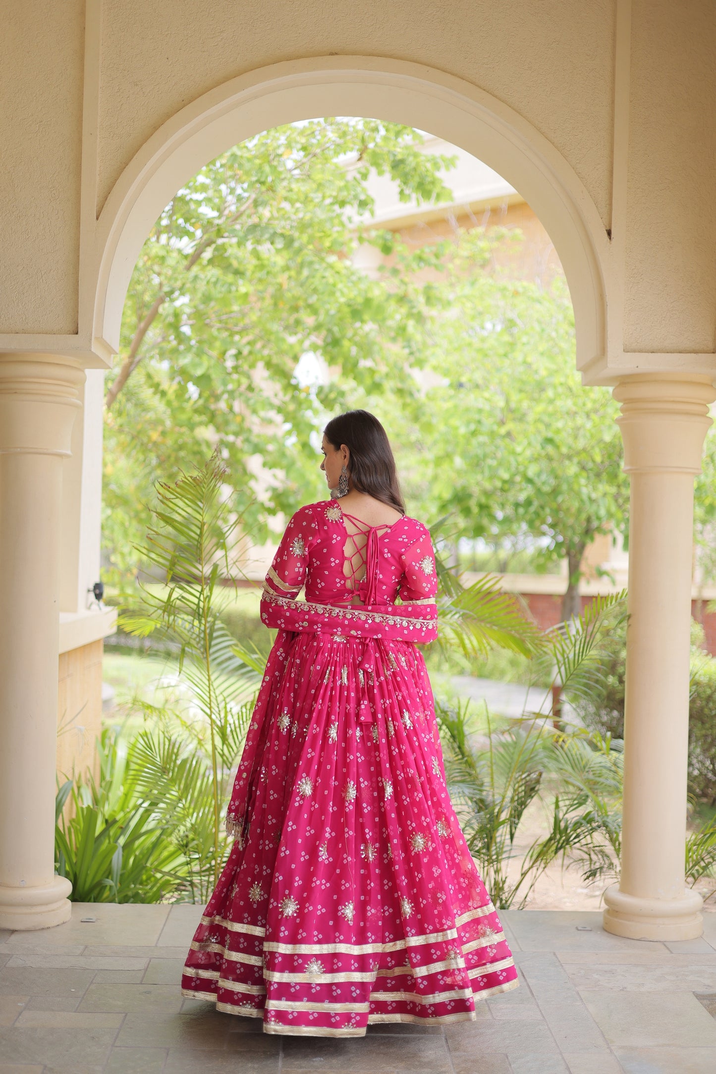 Lovely Rani Pink Bandhani Printed Designer Lehenga Choli Set with Gota Lace Work Dupatta