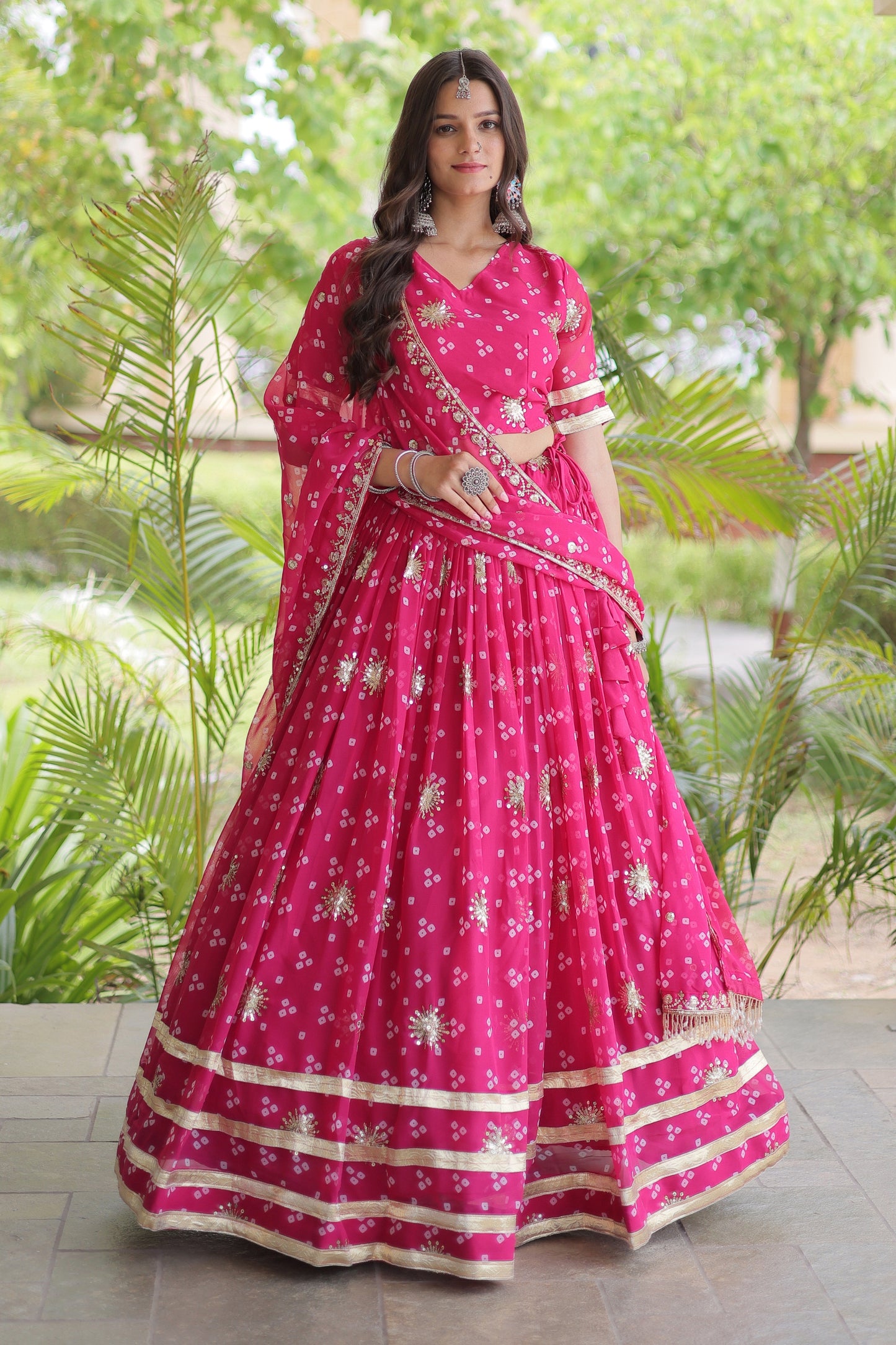 Lovely Rani Pink Bandhani Printed Designer Lehenga Choli Set with Gota Lace Work Dupatta