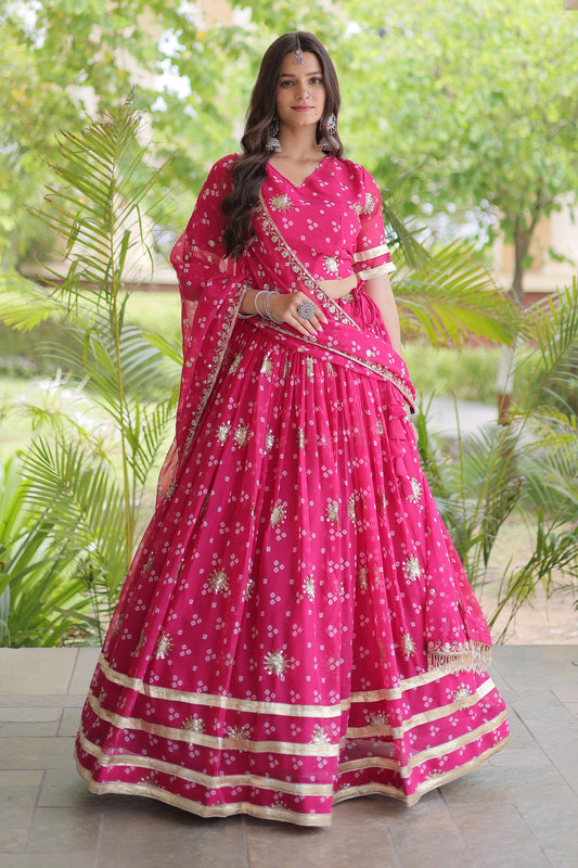 Lovely Rani Pink Bandhani Printed Designer Lehenga Choli Set with Gota Lace Work Dupatta