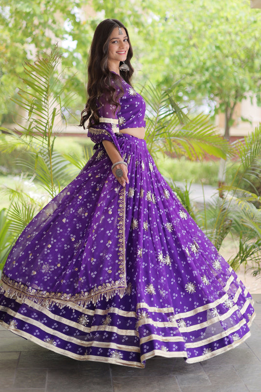 Wonderful Purple Bandhani Printed Designer Lehenga Choli Set with Gota Lace Work Dupatta