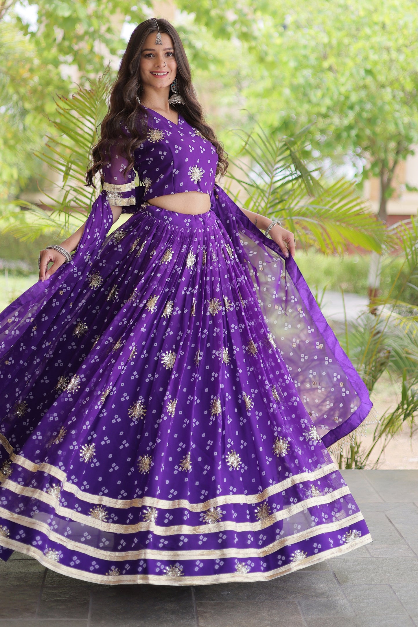 Wonderful Purple Bandhani Printed Designer Lehenga Choli Set with Gota Lace Work Dupatta