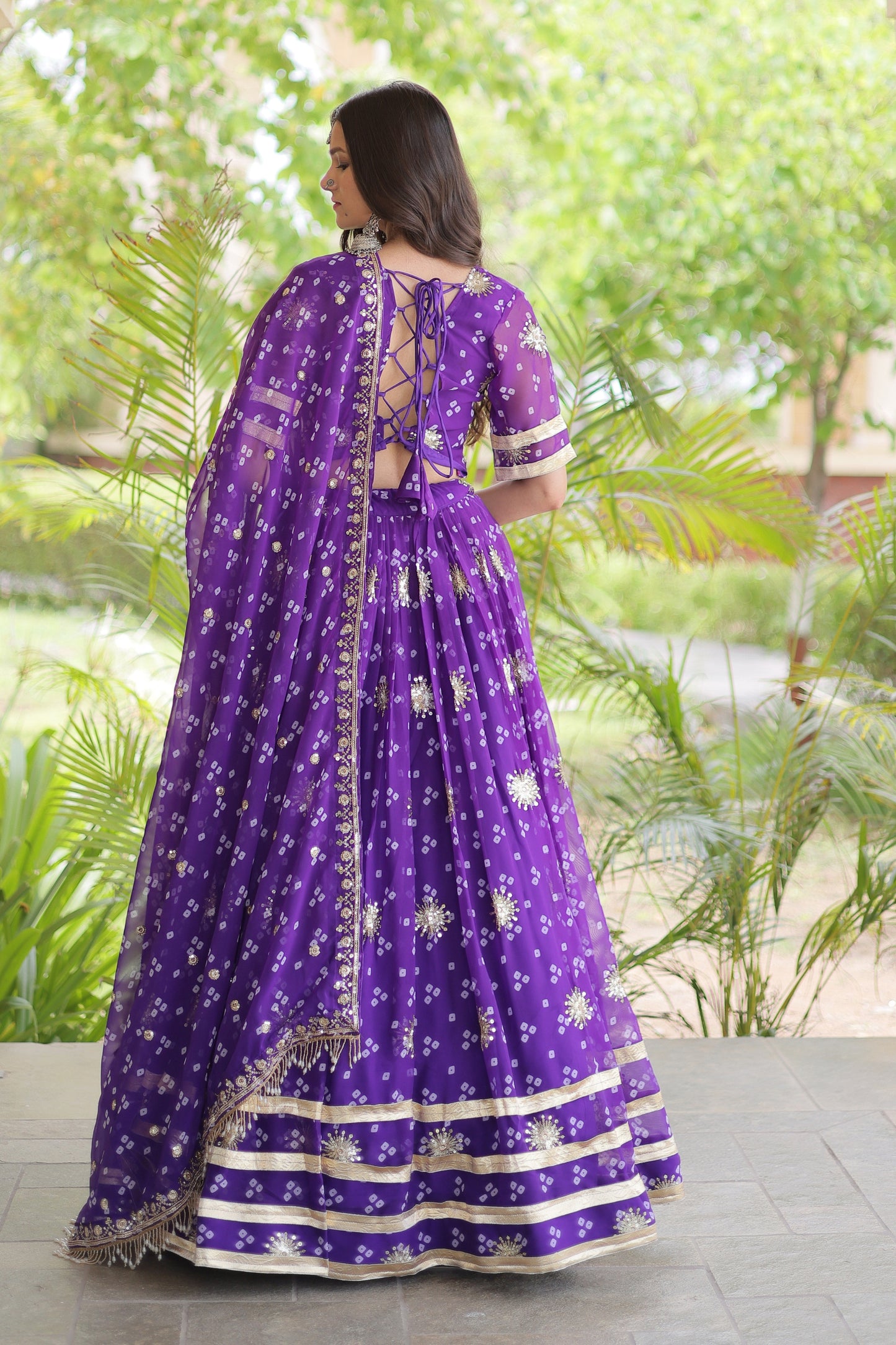 Wonderful Purple Bandhani Printed Designer Lehenga Choli Set with Gota Lace Work Dupatta