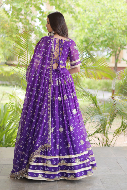 Wonderful Purple Bandhani Printed Designer Lehenga Choli Set with Gota Lace Work Dupatta