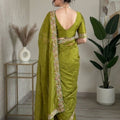 Graceful Olive Green Fendy Satin Silk Saree Embroidery Cutwork Border for Women