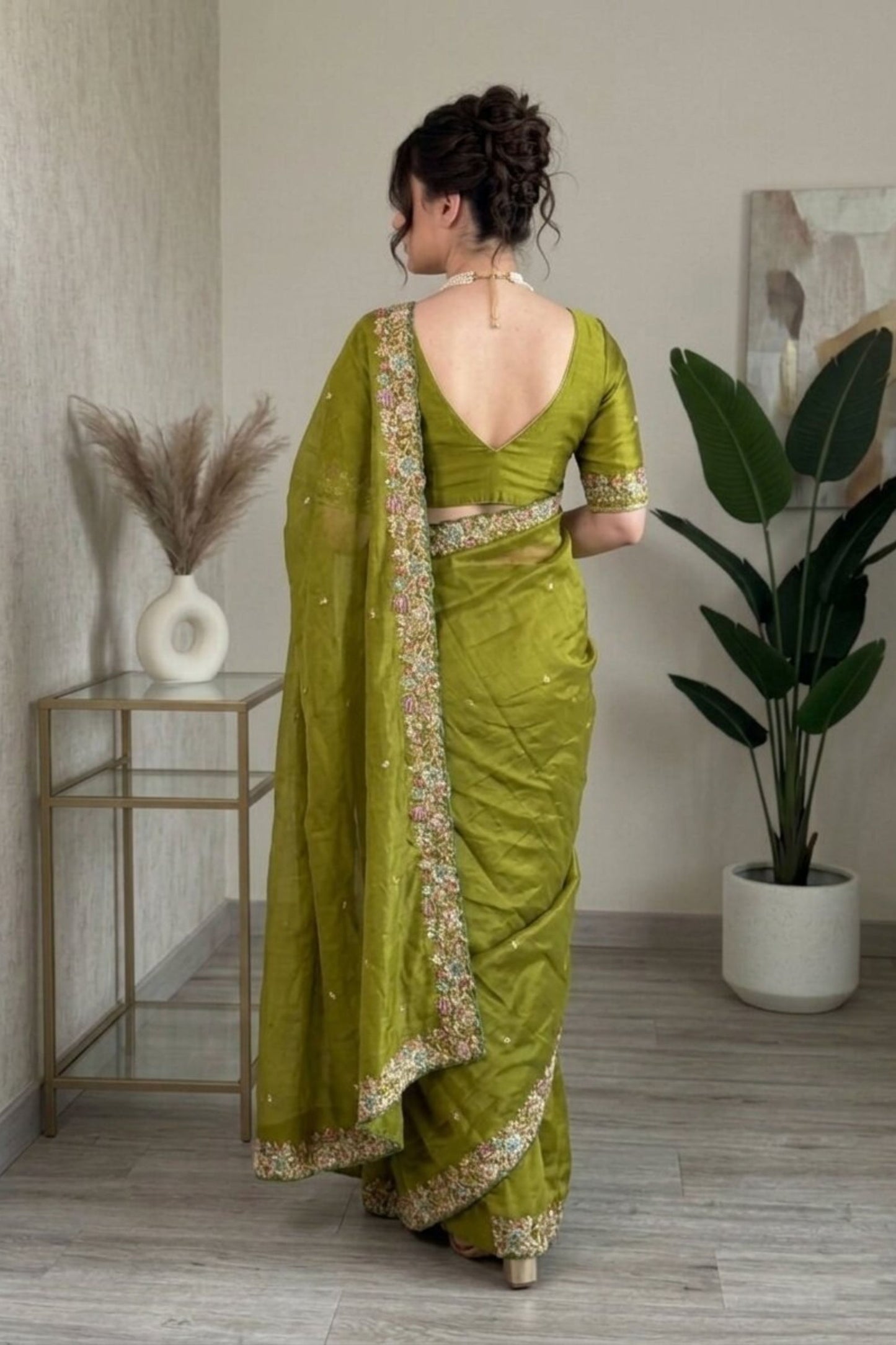 Graceful Olive Green Fendy Satin Silk Saree Embroidery Cutwork Border for Women