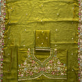 Graceful Olive Green Fendy Satin Silk Saree Embroidery Cutwork Border for Women