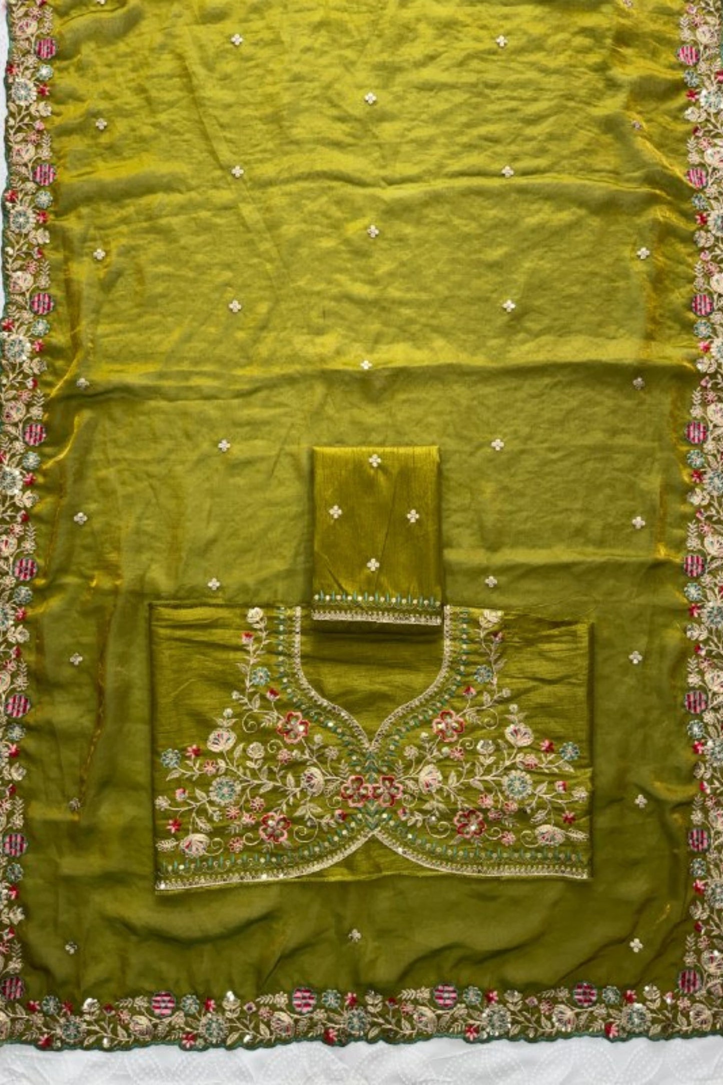 Graceful Olive Green Fendy Satin Silk Saree Embroidery Cutwork Border for Women