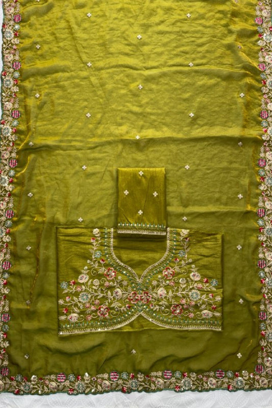 Graceful Olive Green Fendy Satin Silk Saree Embroidery Cutwork Border for Women