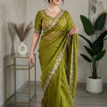 Graceful Olive Green Fendy Satin Silk Saree Embroidery Cutwork Border for Women